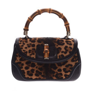 GUCCI Bamboo Bag Leopard Black Harako Leather Handbag